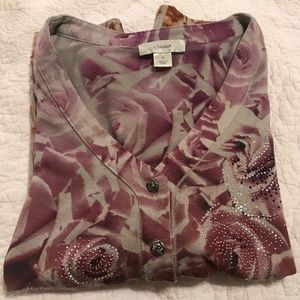 C&B long-sleeve v-neck sweater with ombréd rose design - blingy! (2X)